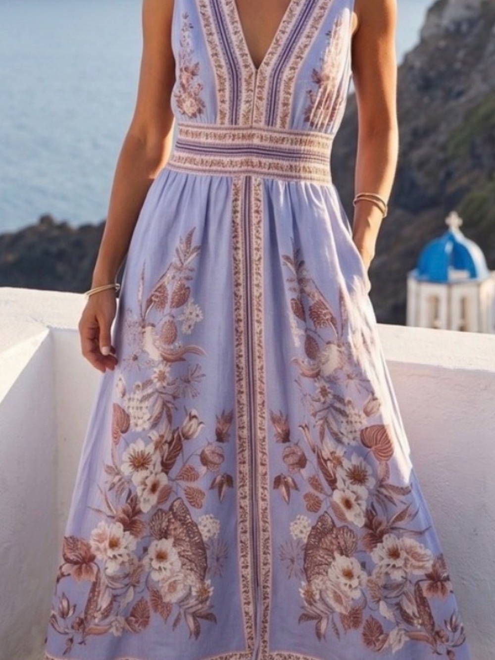 Anthropologie Lavender Maxi Dress with Brown Floral Embroidery Linen